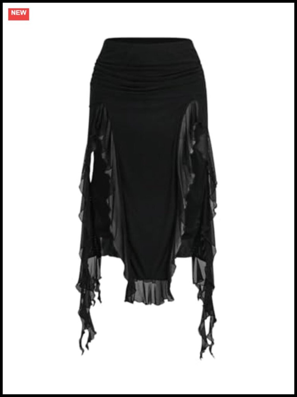 Ruched Mesh Trim Asymmetrical Ruffle Hem Midi Skirt